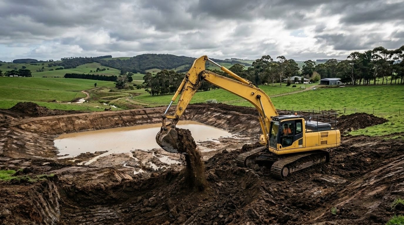 Twelve-megalitre keyline dam under construction on a cattle property at Loch, South Gippsland