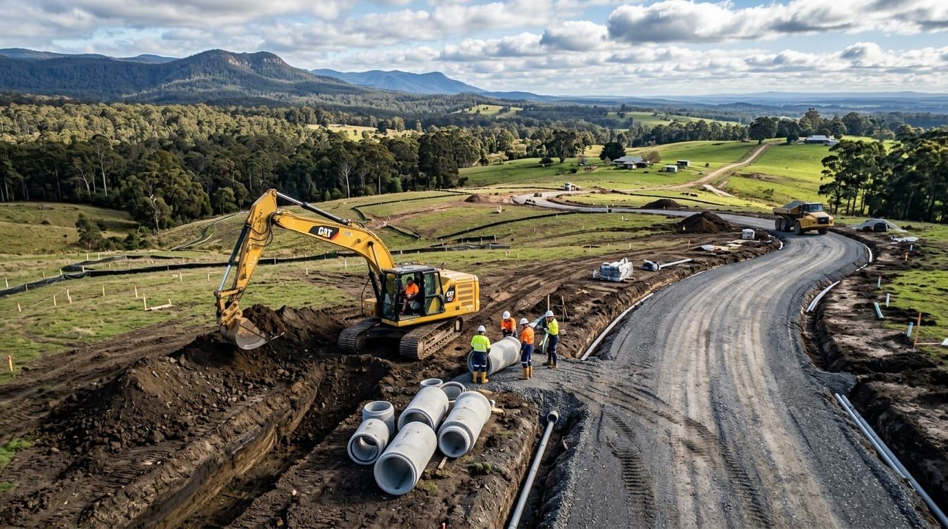Crushed rock subdivision access roads and culvert drainage at Warragul, Baw Baw Shire