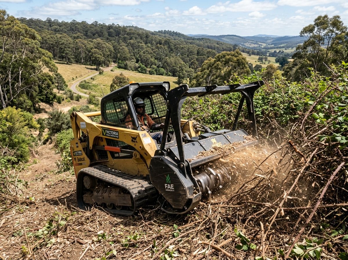 Tracked loader with FAE mulcher demolishing dense wild blackberry brambles and woody undergrowth