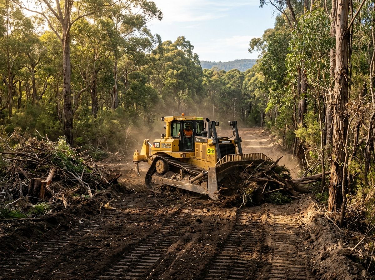 Bulldozer cutting emergency bushfire access track and firebreak through Victorian eucalyptus bush