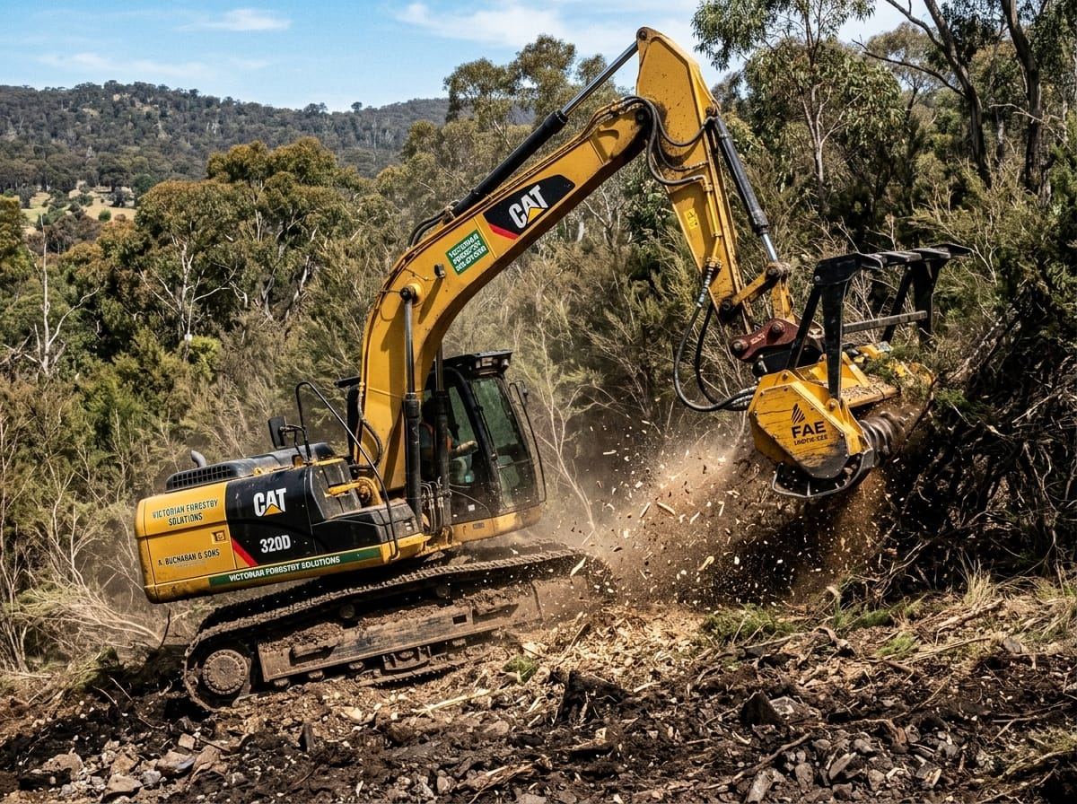Excavator clearing tea-tree and removing stumps across 45 acres near Foster