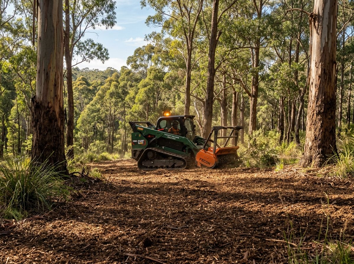 Ecological forestry mulcher leaving uniform organic woodchip mulch layer under native gum trees
