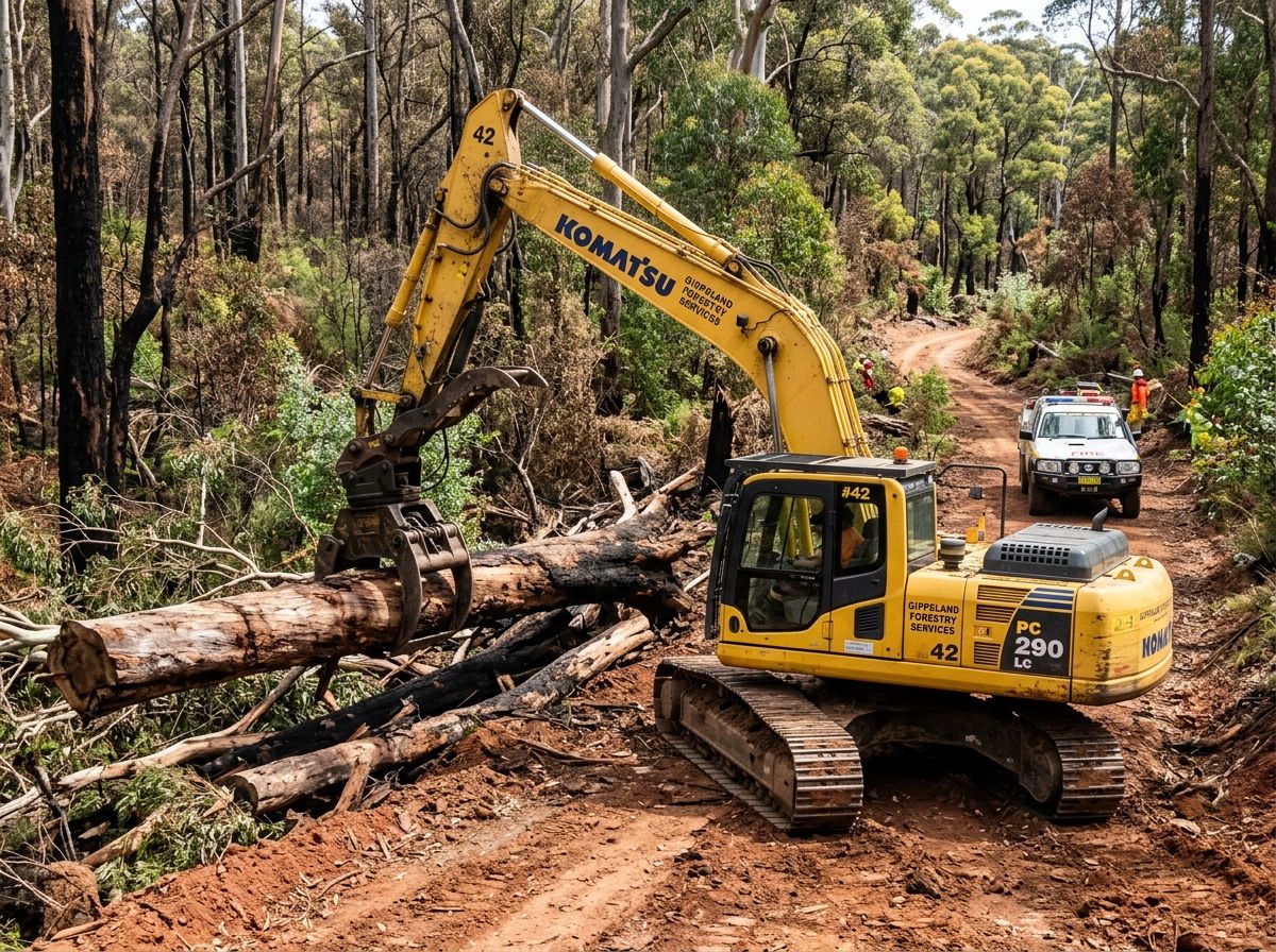 Excavator with hydraulic timber grab clearing logs and fallen trees from bushfire track