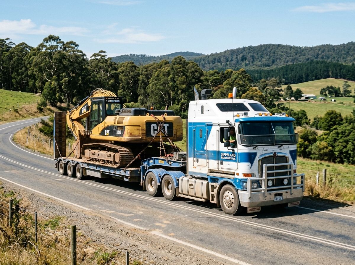 Low-loader float truck transporting heavy plant machinery across regional Victoria