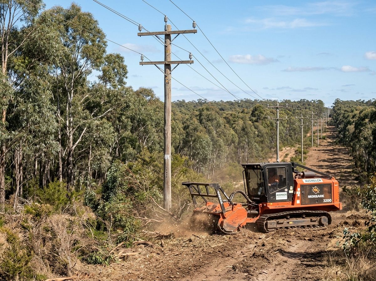 Forestry plant establishing clear vegetation management buffer corridor beneath overhead rural power lines