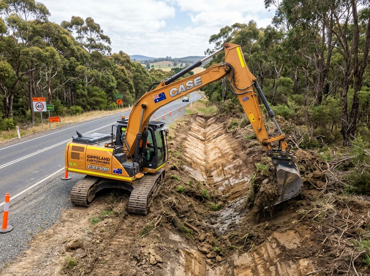 Tracked excavator clearing overgrown roadside verge scrub and profiling table drain swale