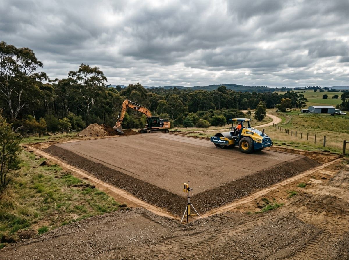 Laser-leveled building pad site preparation and shed bench excavation