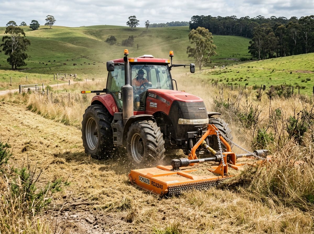 Heavy-duty tractor with twin-rotor slasher cutting overgrown tall pasture grass in Gippsland