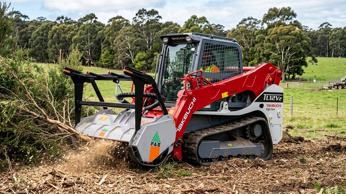 Takeuchi TL12 track loader with FAE mulcher head reclaiming rural land in Gippsland